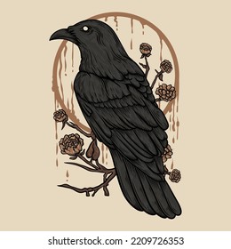 Vector Illustration Raven Perch on The Flower Branch With Flower Vintage Illustration