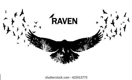 Vector illustration of the raven silhouette with the fluttering wings. Double exposure effect.
