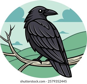 Vector illustration of a raven sitting majestically on a tree branch