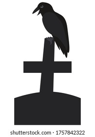 Vector illustration Raven is sitting on cross tombstone on a white background. Halloween design