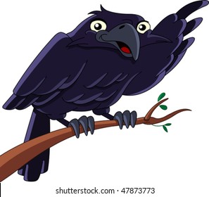 Vector illustration of a raven sitting on a branch and pointing with his wing