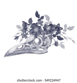 Vector illustration of raven skull with flowers roses and bells isolated on a white background. Designed to be printed on clothing, accessories, bags, scarves. Black and white.