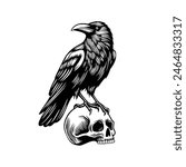 Vector illustration of a raven standing on a skull. Crow standing on a skull