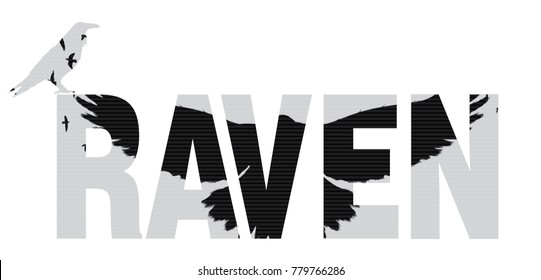 Vector illustration of the raven word with raven  silhouette with the fluttering wings. Double exposure effect. 