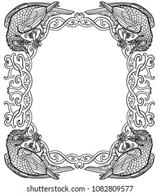 Vector illustration of ravens gothic Celtic knot frame black and white