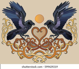 Vector illustration of ravens and heart Celtic ornament colorful 