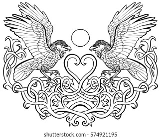 Vector illustration of ravens in love celtic ornament black and white