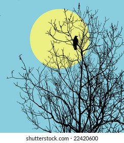 vector illustration ravens sitting on tree against sun
