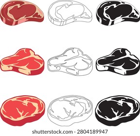 Vector illustration of raw beef steak cuts (ribeye, T-bone, round) in color, outline, and silhouette styles. Ideal for culinary graphics, menus, and food designs.