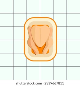 Ilustración vectorial del pollo de engorde crudo en una cubeta de asado de cerámica sobre una mesa con baldosas