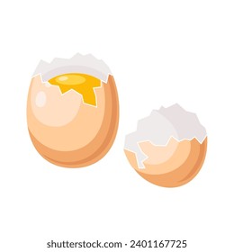 Ilustración vectorial con un huevo de pollo crudo roto. Una concha de huevo rota. Ingredientes para cocinar en la cocina. La etapa de preparación del desayuno