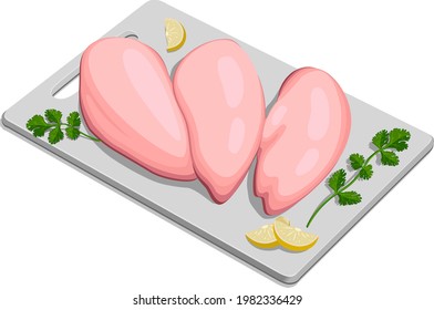 Ilustración vectorial del filete de pechuga de pollo crudo sin piel colocada en pizarra blanca con hojas de cilantro y lonchas de limón.