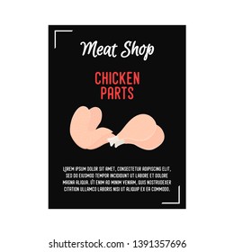 Vector illustration of raw chicken - farm meat. Poster, banner with fresh product, legs and wings in cartoon flat style for bbq, barbecue party or steak house.