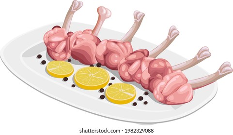 Vector illustration of Raw chicken lollipop,six pieces of chicken lollipop arranged on a white  serving base with lemon slices and pepper, isolated