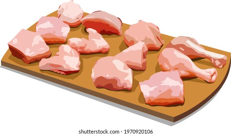 Vector Illustration Of Raw Chicken Tender Curry Cut Without Skin Arranged On Wooden Board, Isolated.