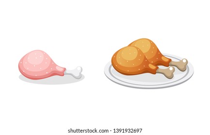 vector illustration of raw and cooked chicken leg