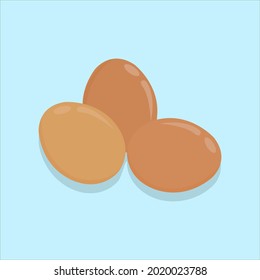 Ilustración vectorial de huevos crudos en el fondo azul. Concha de huevo marrón. Ganadería de huevos de pollo. Cultivos para el stock de alimentos.