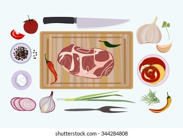 Vector illustration with raw fresh meat on wooden cutting board and salt, pepper, garlic, red onion, knife, fork, sauce, tomato.