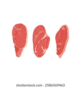 Vector illustration of raw meat in cartoon flat style. Butchery food set elements in flat graphic design. Collection of raw slices of beef, lamb, pork, steak, bacon. Fresh meat product