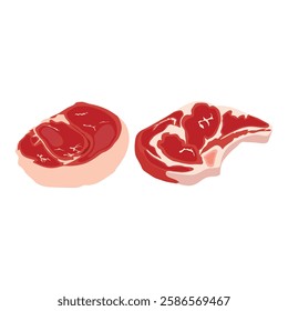 Vector illustration of raw meat in cartoon flat style. Butchery food set elements in flat graphic design. Collection of raw slices of beef, lamb, pork, steak, bacon. Fresh meat product