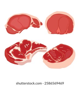 Vector illustration of raw meat in cartoon flat style. Butchery food set elements in flat graphic design. Collection of raw slices of beef, lamb, pork, steak, bacon. Fresh meat product