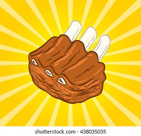 Vector illustration of raw meat roasted with yellow burst background