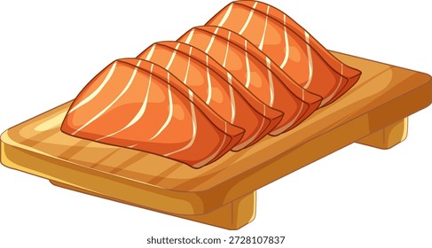 Ilustração vetorial de filetes de salmão cru dispostos em um prato de madeira com fundo branco