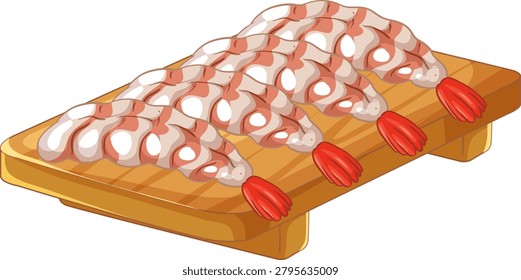 Vector illustration of raw tiger prawns on a wooden board with a white background