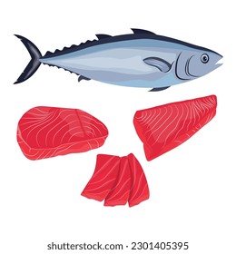 Ilustración vectorial del filete de atún crudo. Carne roja fresca y deliciosa de marisco. Cortar peces de atún para material infográfico