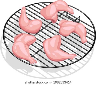 Vector illustration of Raw whole chicken leg without skin arranged on grill,isolated.