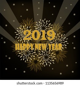 
vector illustration with rays and salute glow with stars and snowflakes with numbers and text with color for the holiday of a happy new year 2019 and christmas on a black background