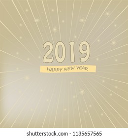 vector illustration with rays shining and stars with numbers and text on the holiday for a happy new year 2019 and a golden color Christmas