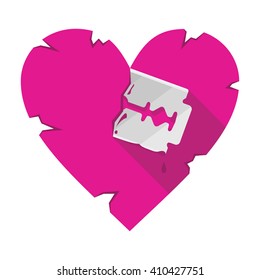 Vector illustration of the razor blade cutting the broken heart. Pink and silver colors. Heartbreak, break up, divorce theme.