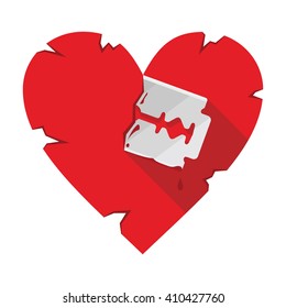 Vector illustration of the razor blade cutting the broken heart. Red and silver colors. Heartbreak, break up, divorce theme.