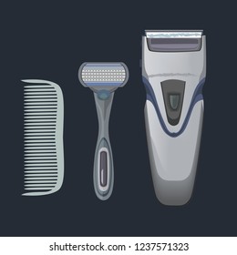 Vector illustration of a razor. Men's accessories for shaving. Shaving machine. Men's things for shaving. Razor, shaving machine and comb.