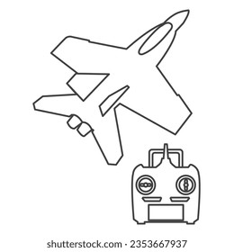 Vector Illustration of  RC plane and radio remote control and kids hands. Aeromodelling icon, remote pilot for jet aircraft radio control. Jet engine radio controlled on white background, 