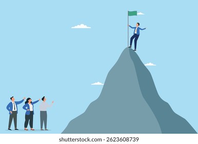 Vector illustration of reaching the peak of success businessman standing on mountain
