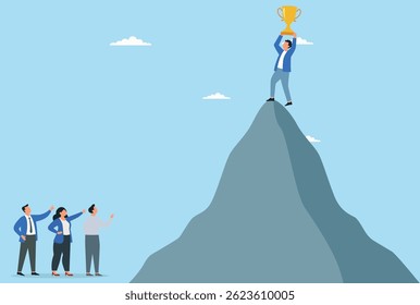 Ilustración vectorial de alcanzar la cima del éxito Empresario de pie en la montaña
