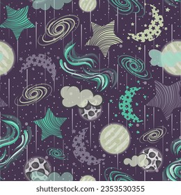 Vector illustration. Reaching to the skies. Glowing stars and Northern lights with moon, mars clouds and  milky way seamless repeat pattern. Perfect for your dreamy bedding and home decor.