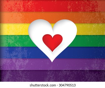 Vector illustration of a read heart over a lgbt rainbow flag