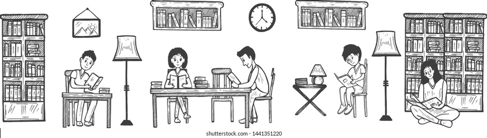 Vector illustration of readers people read in library interior filled with books, bookshelves, bookstands. Kids and adults, men and women sit on floor, chair, behind table. Vintage hand drawn style.