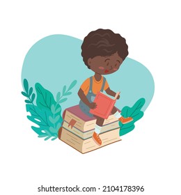 Vector illustration of a reading African boy sitting on a stack of books with plants. Education for everyone. Cartoon style.