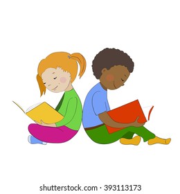 Vector illustration of reading children. Boy and girl siting on floor back to back with books. Kids learning.