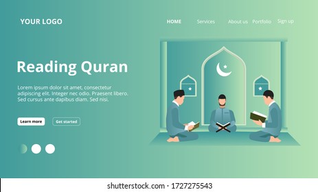 Vector illustration reading holy book of islam. Reading quran on landing page