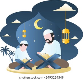 Ilustración vectorial de leer el sagrado Corán en el mes de Ramadán