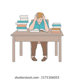 Vector illustration of reading man sitting at table with stack of books with hardcover in sketch style isolated on white background. Hand drawn studying or relaxing young boy.