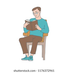 Vector illustration of reading man sitting in armchair with open book with hardcover in sketch style isolated on white background - hand drawn young boy with literature source.