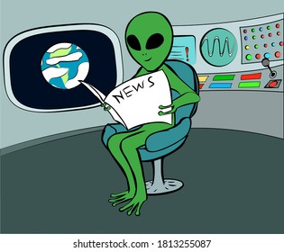 Vector illustration of reading newspaper smiling alien, that sitting in armchair in cabin of his spaceship. In the cabin there is a porthole with the planet (earth?) and a complex remote with screens.