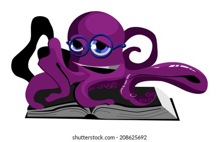 vector illustration of reading octopus in eyeglasses. Solid fill only.