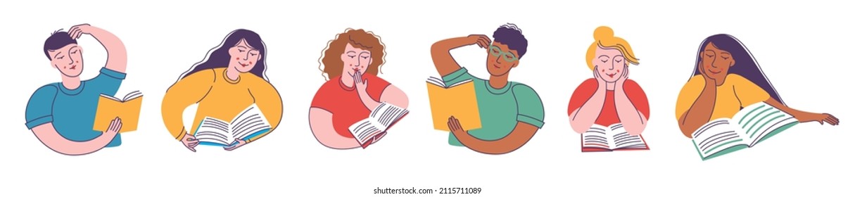 Vektorgrafik von Lesern auf weißem Hintergrund. Diverse Mann und Frau, die Bücher in Händen halten. Schüler, die lernen.